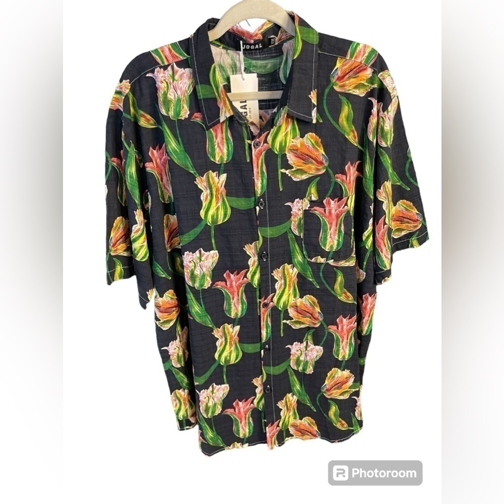 JOGAL XXL Black Green Floral Hawaiian Vacation Shirt Mens NWT
